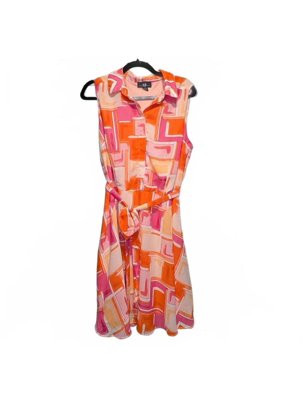 AGB Sleeveless Belted Dress in Orange and Pink Geometric Print